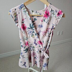 Marshalls Monteau Medium Floral Print Pink Flowy Ruffle V-Neck Side Tie Blouse